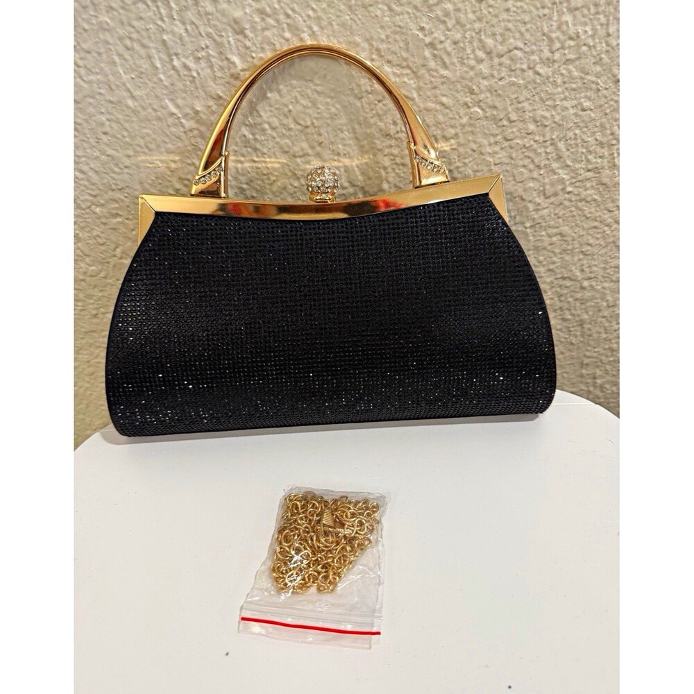 Black Rhinestone Evening Top Handle Bag Gold Clasp Hardware Detachable Strap